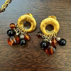 Vintage Amber & Black Beaded Golden Circle Earrings - 90s Bohemian